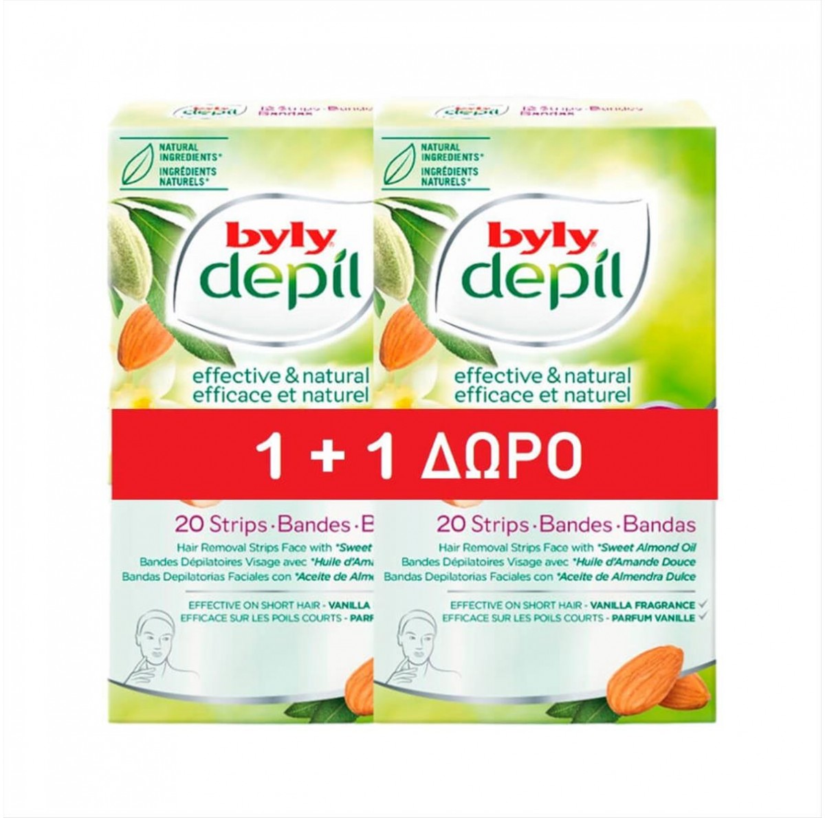 Byly Depil Facial Depilatory Strips with Almond Scent 20pcs 1+1 Gift