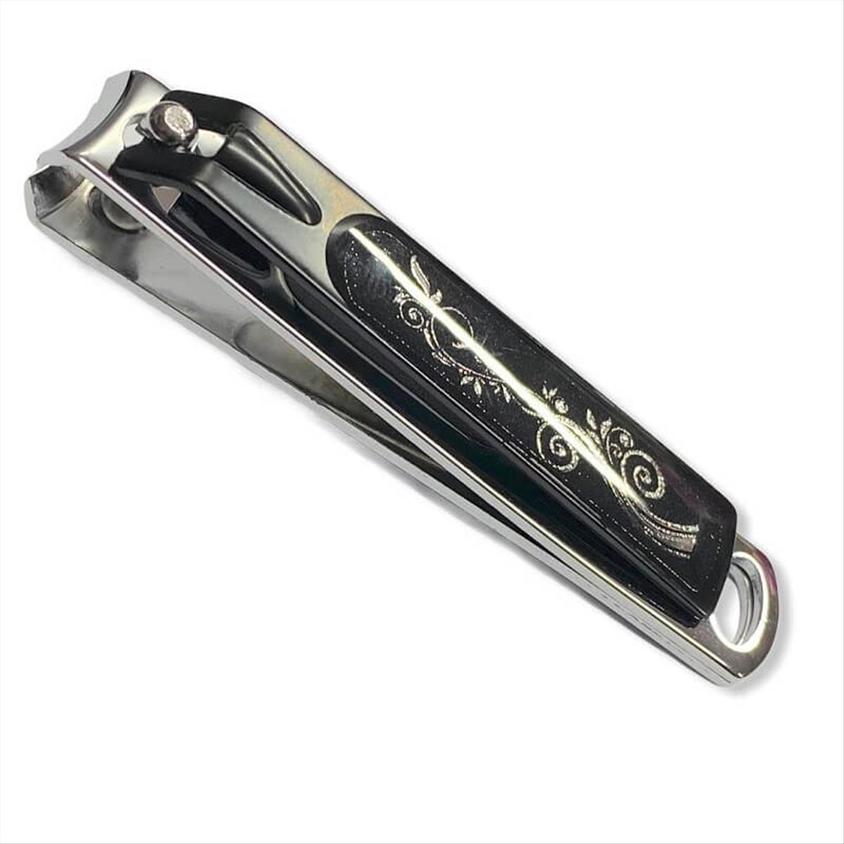 Nail clipper with black handle and mini file inside