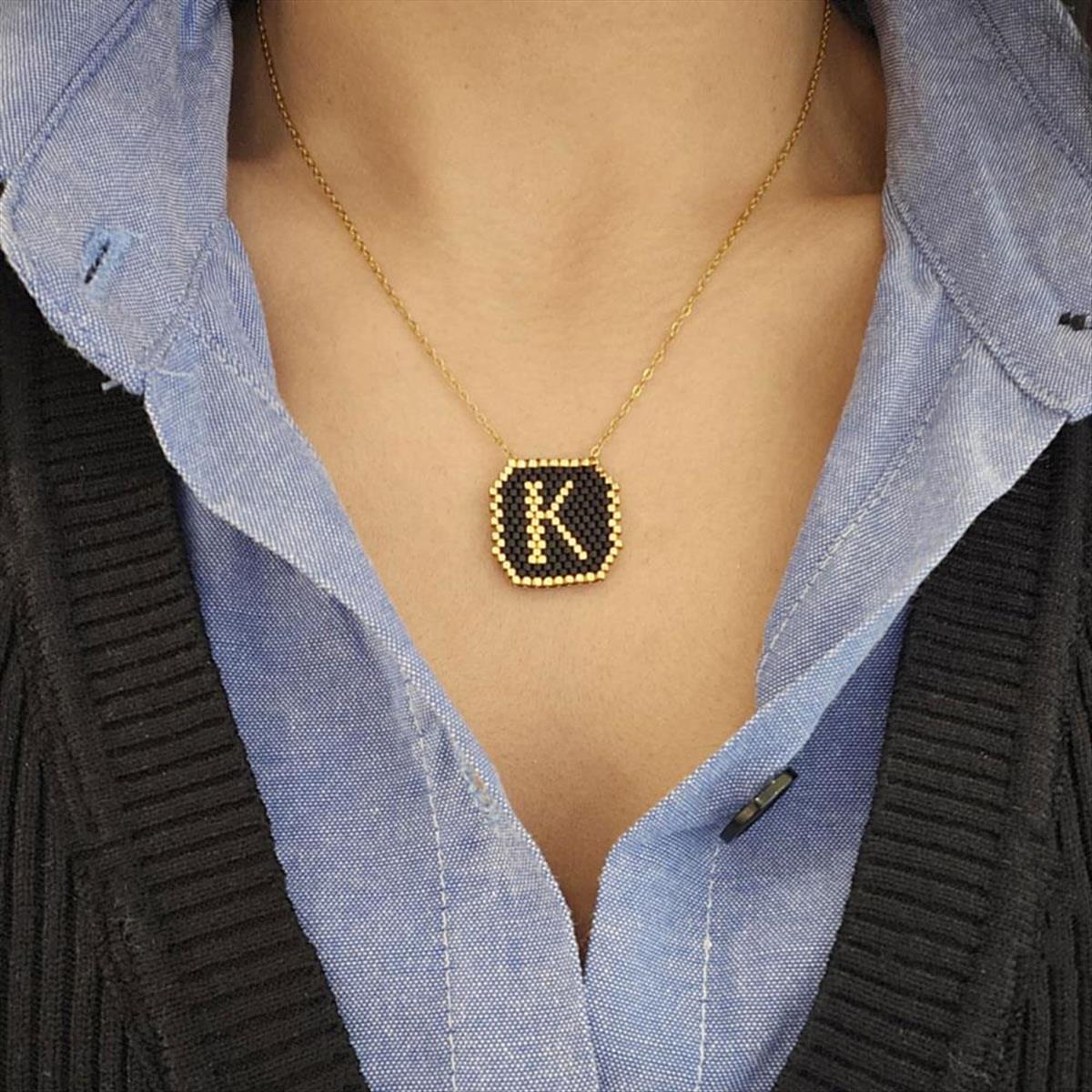 Women’s Steel Monogram ”K” With Black And Gold Beads