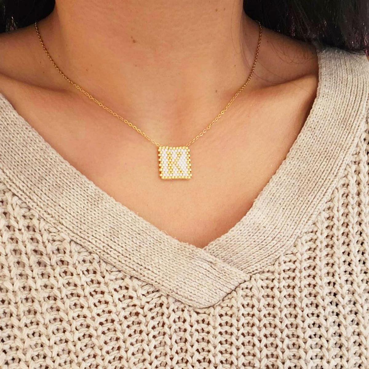 Steel Monogram ”K” necklace white & gold beads