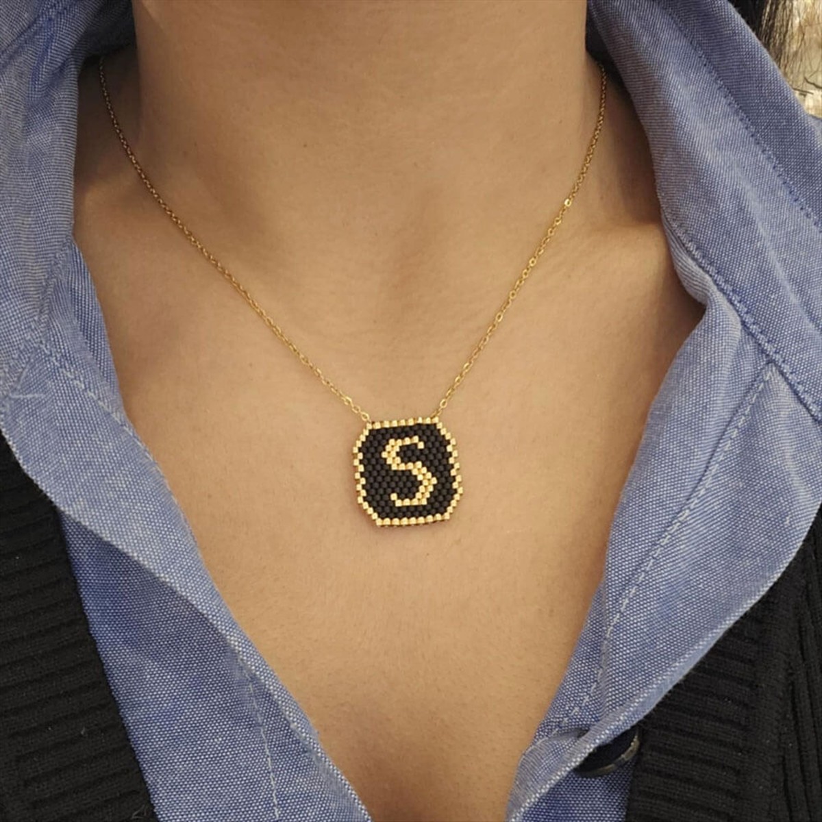 Women’s Steel Monogram ”S” With Black And Gold Beads