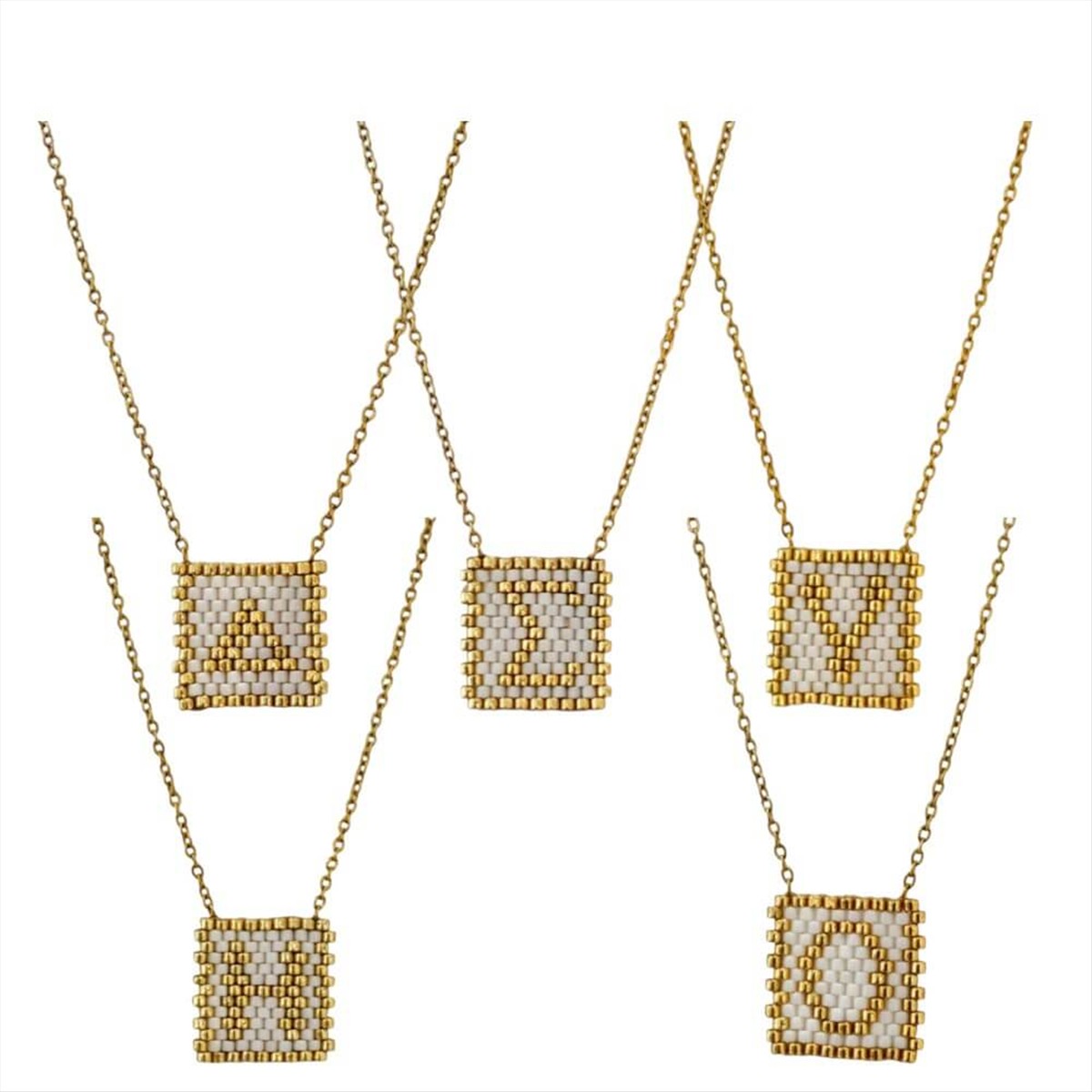 Steel monogram necklace white & gold beads