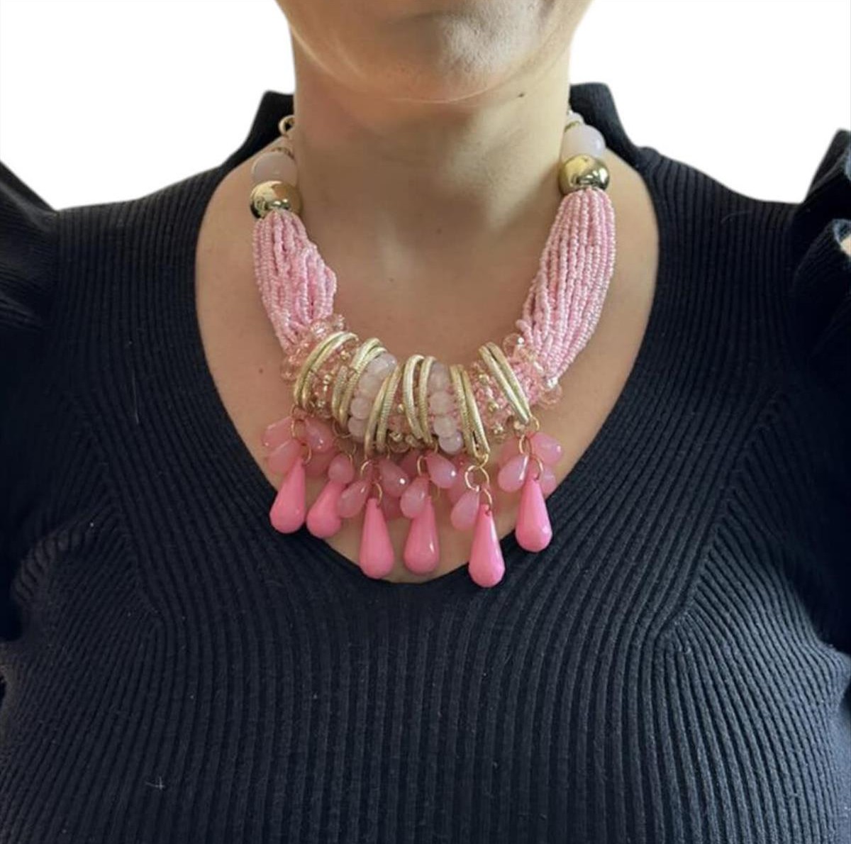 Statement pink necklace with beads & rings