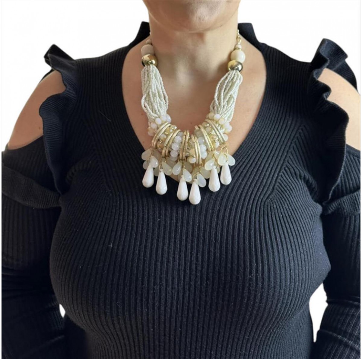 Statement white necklace with beads & rings