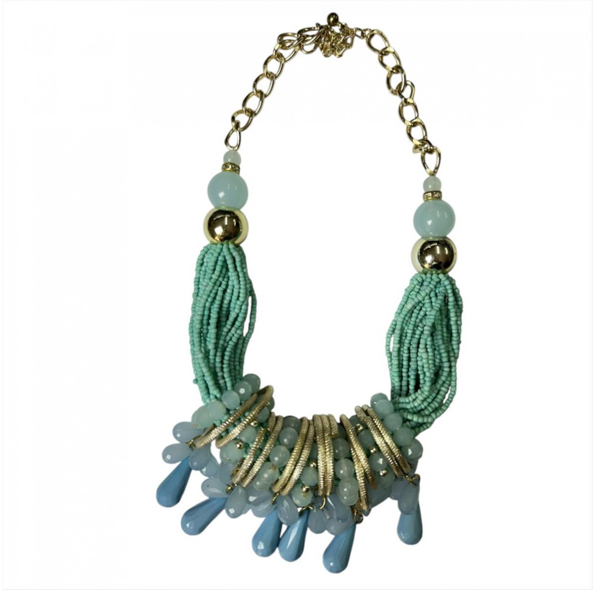 Statement necklace light blue with beads and rings