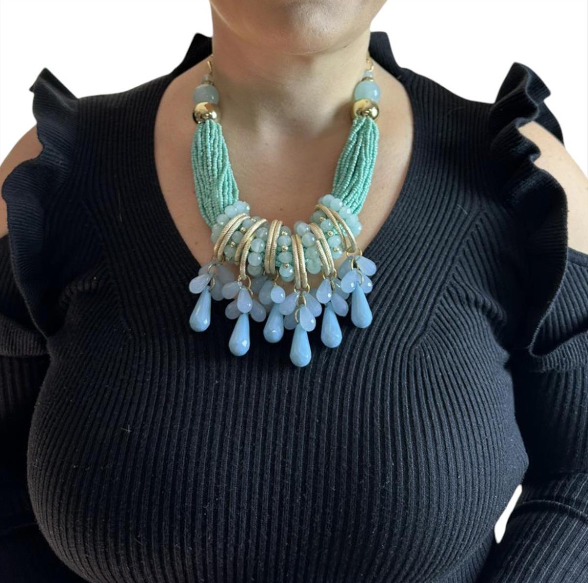 Statement necklace light blue with beads and rings