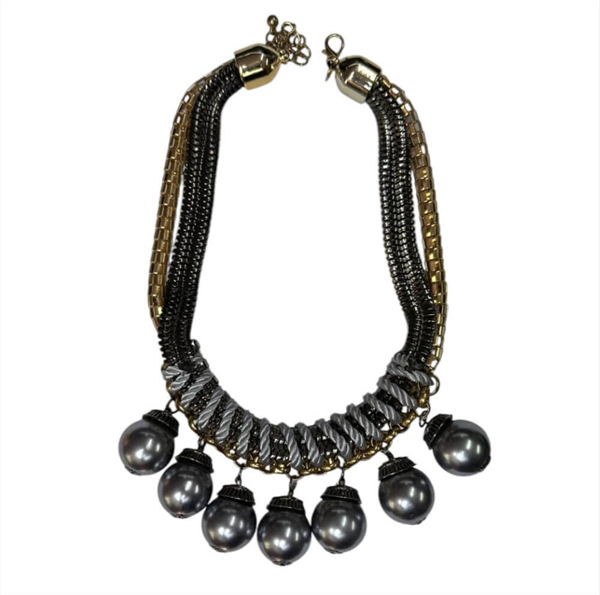 Statement gold-grey necklace with pearls & chains