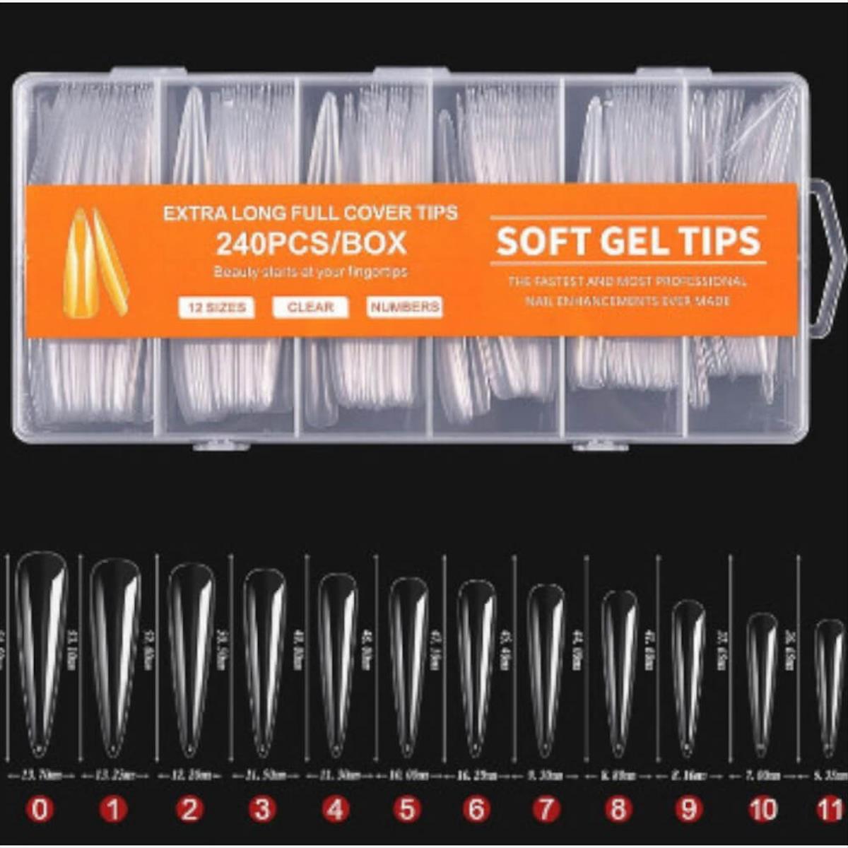 Extra Long Full Cover Soft Gel Tips 12 Size 240pcs Almond
