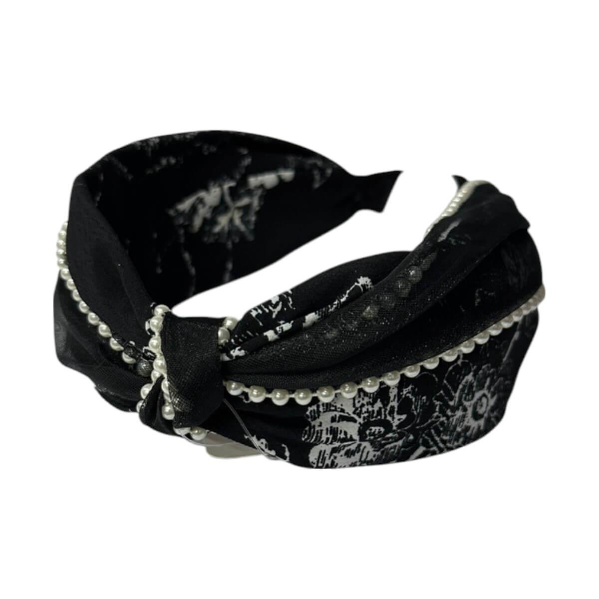 Wide fabric hair clip with pearls black