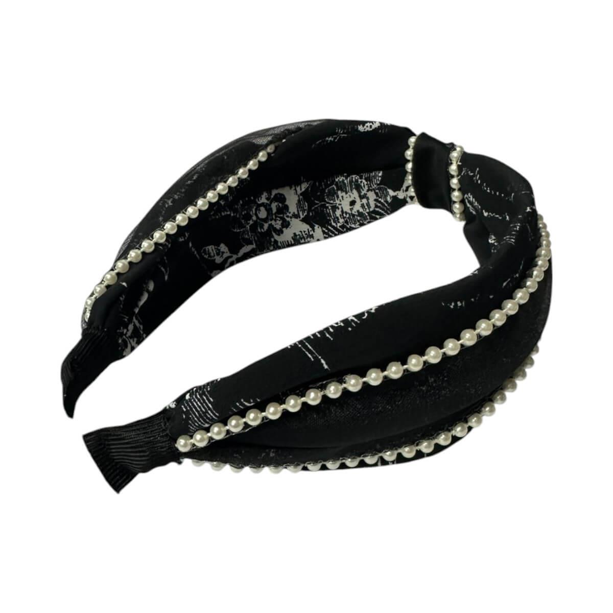Wide fabric hair clip with pearls black