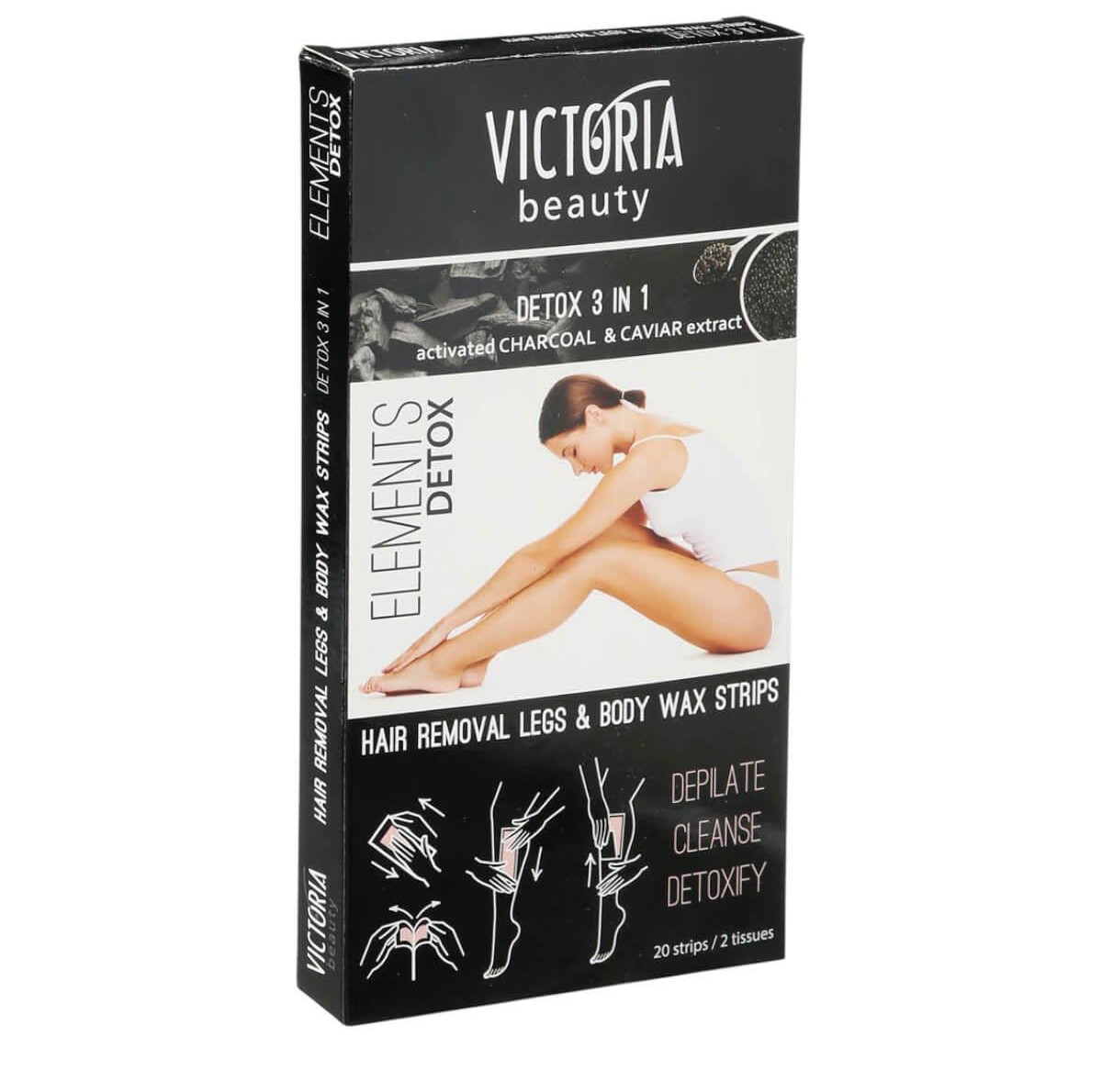Victoria Beauty Elements Detox 3 in 1 Activated Charcoal & Caviar Extract Hair Removal Legs & Body Wax Strips 20pcs