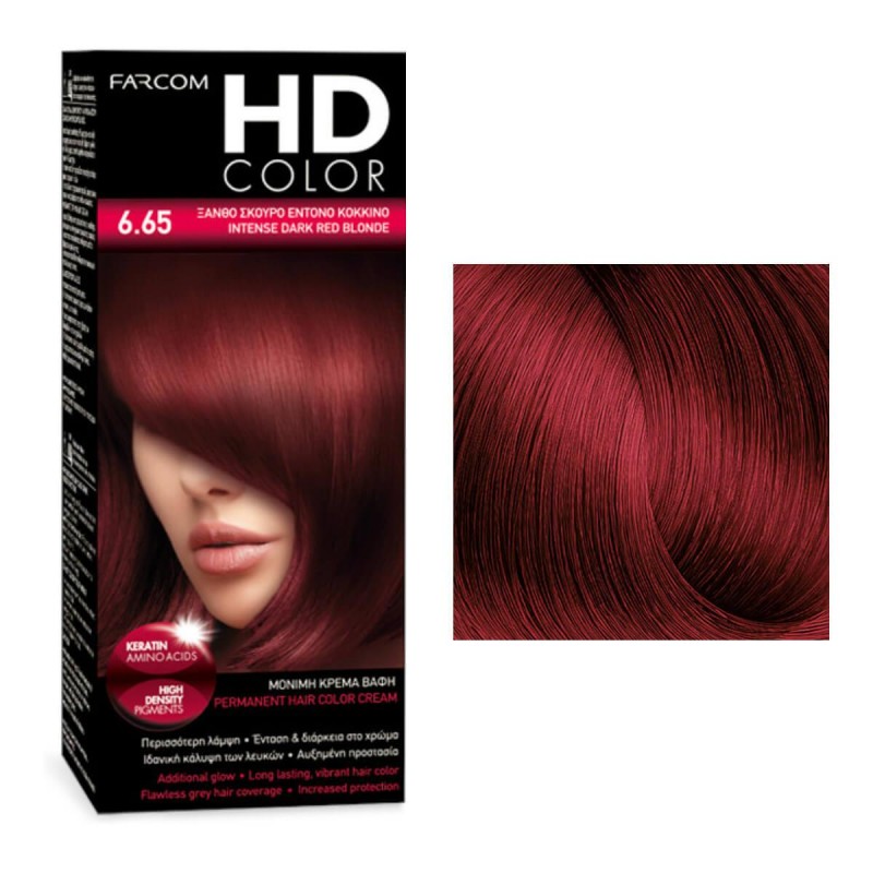 Σετ βαφής HD Color 6.65 ξανθό σκούρο έντονο κόκκινο 60ml Farcom