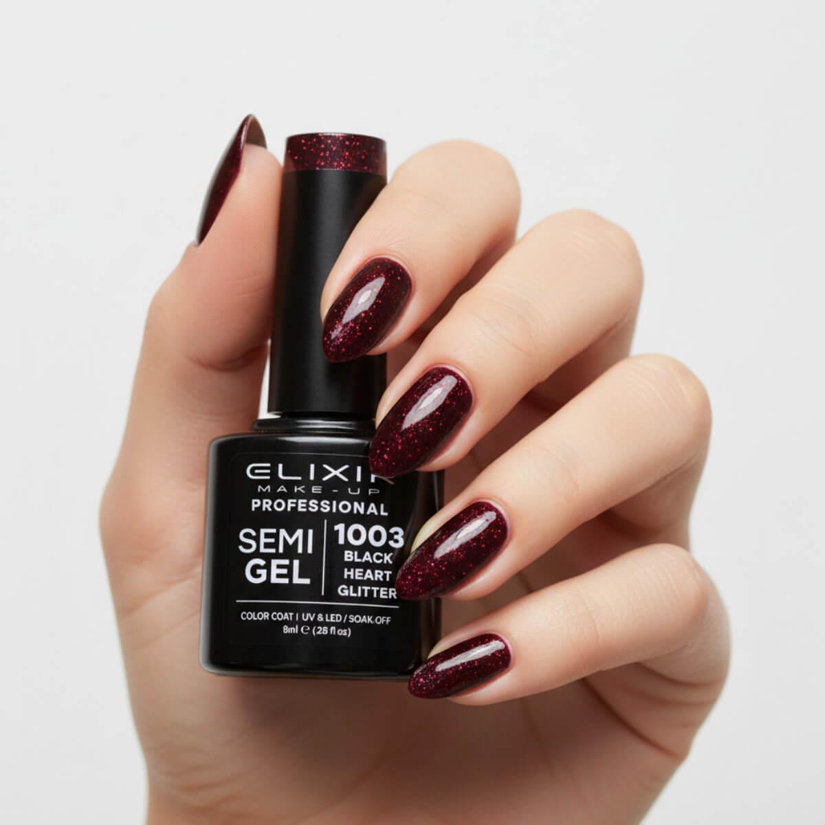 Ημιμόνιμο βερνίκι semigel 1003 black heart glitter 8ml Elixir