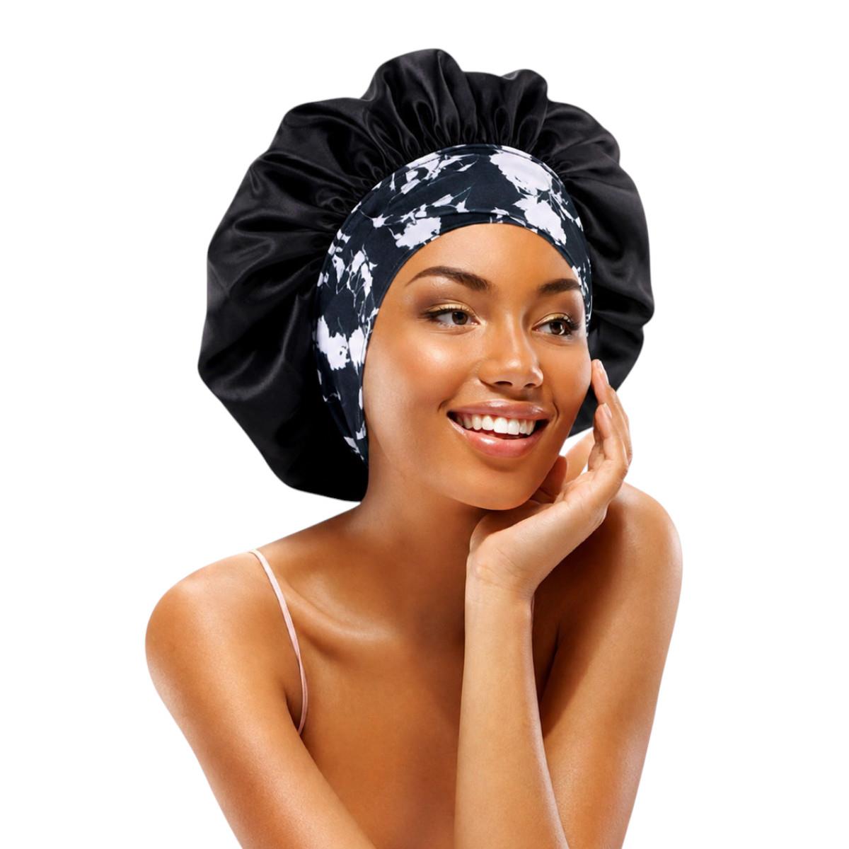 Satin sleep bonnet with patterned elastic band