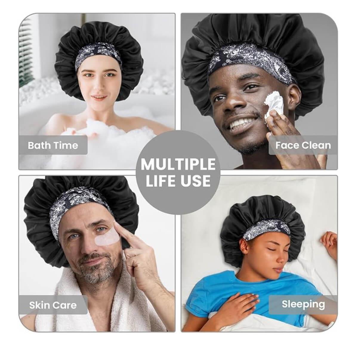 Satin sleep bonnet with patterned elastic band