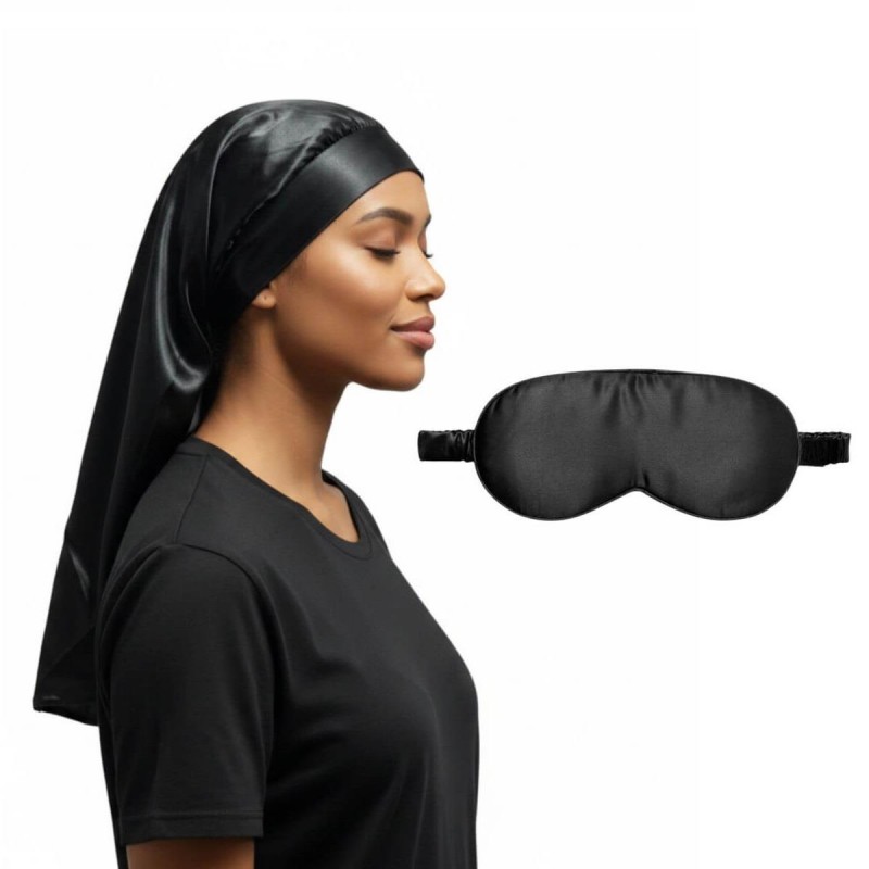 Satin sleep bonnet for long hair & sleep mask set