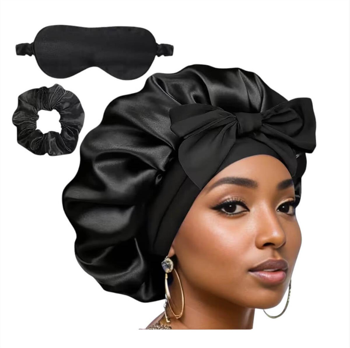 Satin sleep bonnet with eye mask & scrunchie set