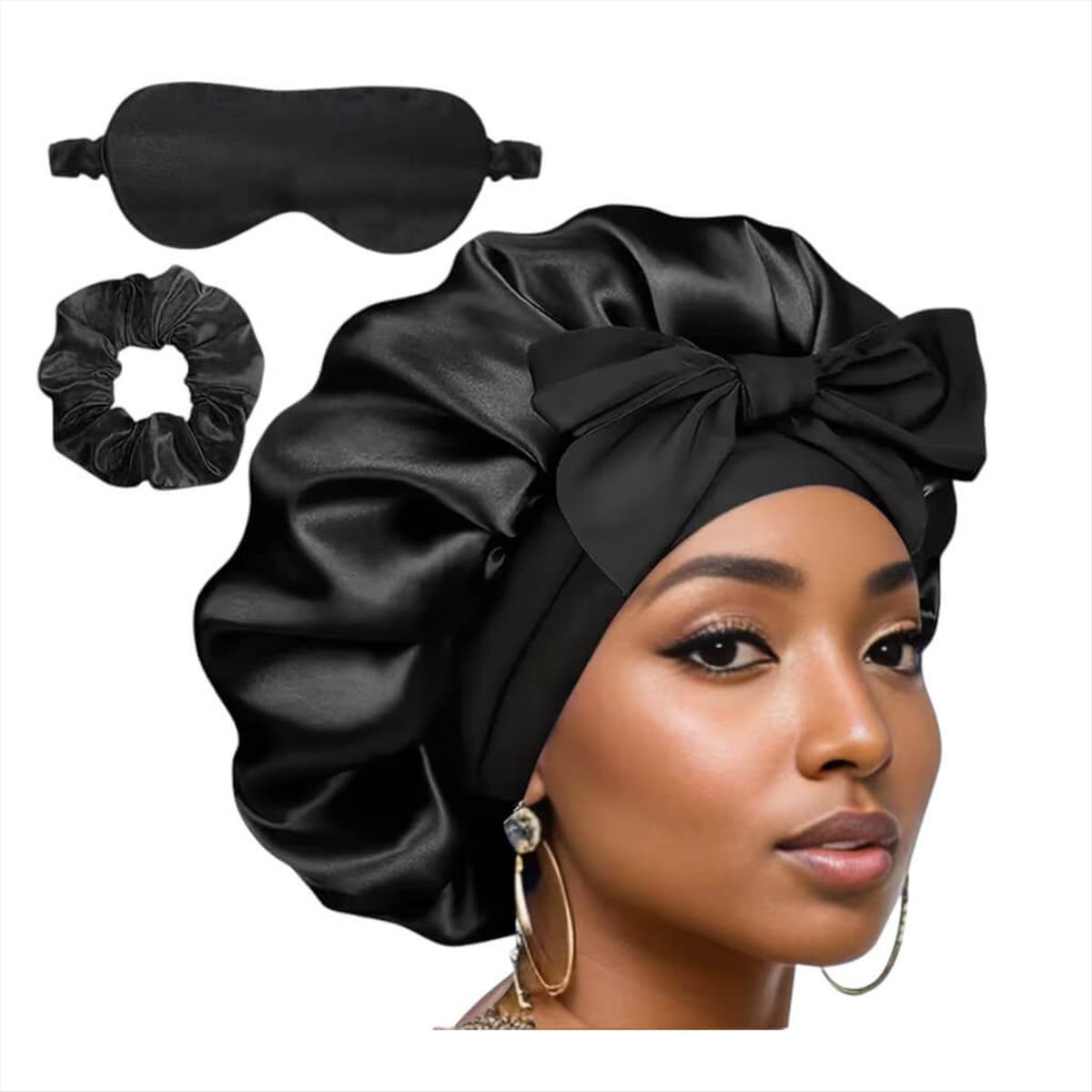 Satin sleep bonnet with eye mask & scrunchie set