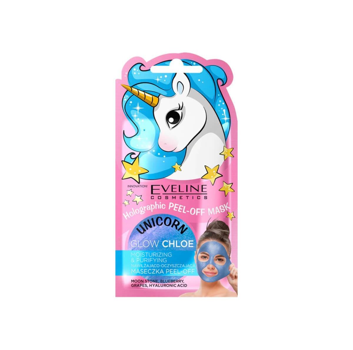Holographic peel-off mask unicorn glow chloe Eveline