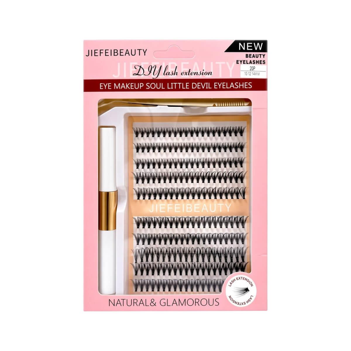 Eyelash extension cluster set with glue & application tweezer Jiefei