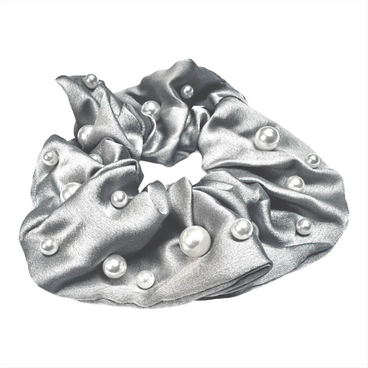 Hair scrunchie silver with pearls